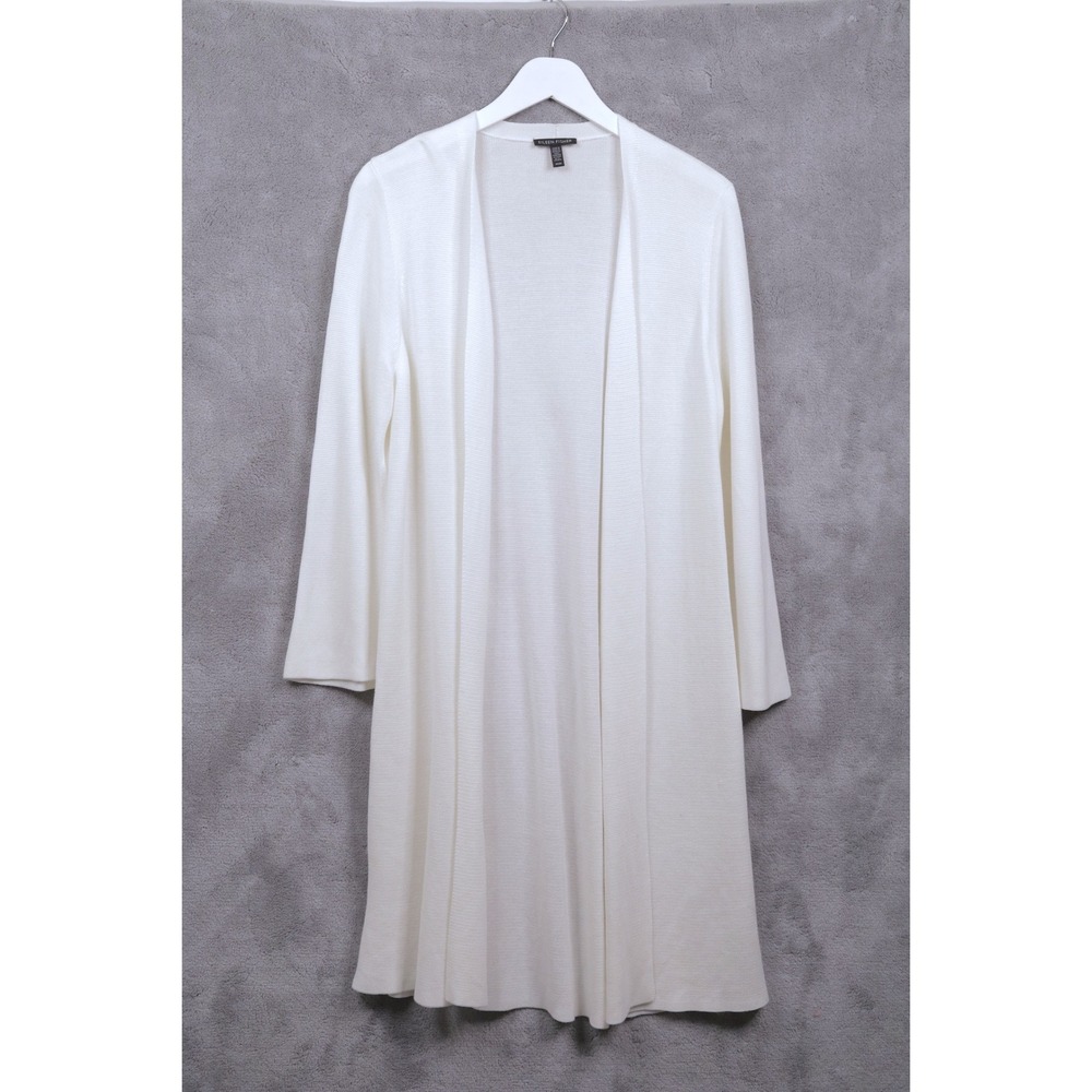 EILEEN FISHER Tencel Silk Longline Open Front Cardigan Minimalist Cream Sz M